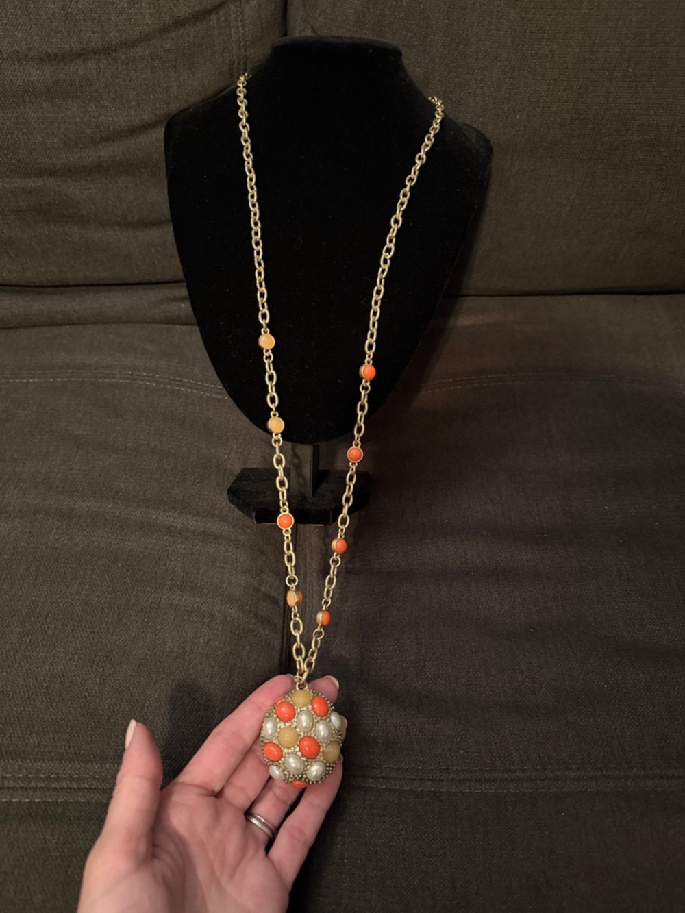Lia Sophia Gold-Tone Necklace with Coral and Cream Beaded Pendant